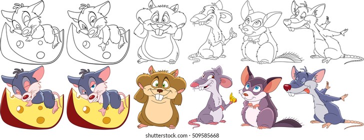 Cartoon animal set. Collection of rodents. Mouse with a piece of cheese, rat, hamster, gerbil, chinchilla. Coloring book pages for kids.