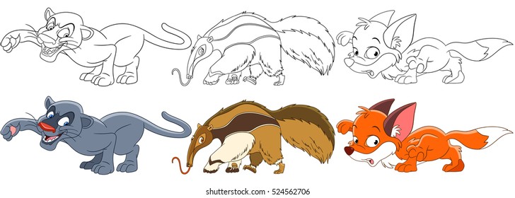 Cartoon animal set. Collection of wild predators. Panther (puma, cougar), anteater, fox. Coloring book pages for kids.