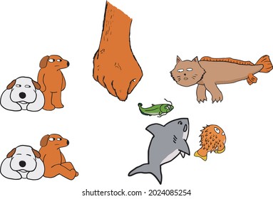 cartoon animal set dogs and fish, vector art design 