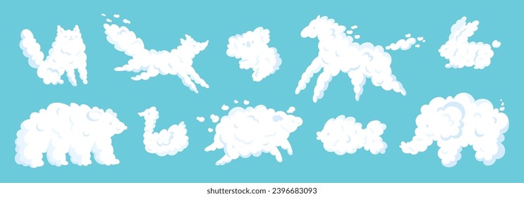 Cartoon animal shaped clouds. Imagination game. Cumulus zoomorphic forms. Bear and rabbit. Cloudy mammals. Horse and elephant. Outlines similarity. Garish vector