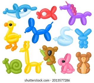 Cartoon animal shaped helium cute birthday balloons. Children party unicorn, koala and dolphin balloons vector illustration set. Animal shaped balloons helium, animal toy isolated