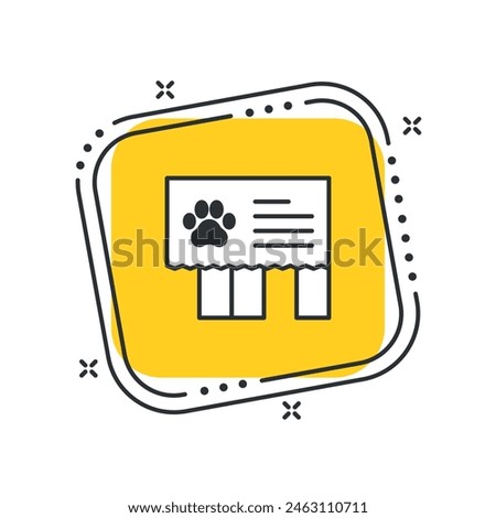 Cartoon animal shelter icon vector illustration. Tear-off sheet on isolated yellow square background. Adopt a pet sign concept.