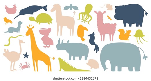 Cartoon animal silhouettes flat icons set. Abstract design of mammals. Shapes of hippo, zebra, octopus, hedgehog, sheep and chicken. Patterns of wild animals. Color isolated illustrations