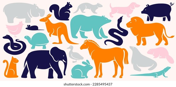 Siluetas de animales de dibujos animados iconos planos. Diseño abstracto de mamíferos. Formas de pato, conejo, serpiente, auto, caballo y cerdo. Patrones de animales salvajes y domésticos. Ilustraciones aisladas de color