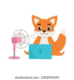 Cartoon animal is sitting on the floor with a laptop and a fan. Fox with ventilation equipment in hot weather. Vector graphic.