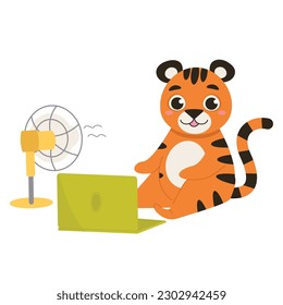 Cartoon animal is sitting on the floor with a laptop and a fan. Tiger with ventilation equipment in hot weather. Vector graphic.