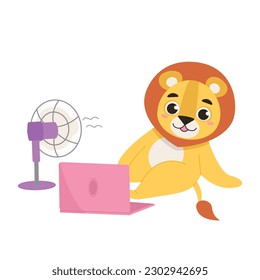 Cartoon animal is sitting on the floor with a laptop and a fan. Lion with ventilation equipment in hot weather. Vector graphic.