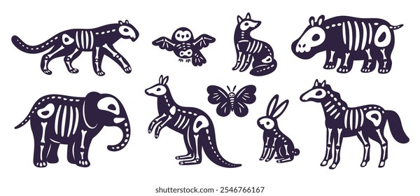 Cartoon animal skeletons. Halloween mystic fauna. Dia de los muertos mammals. Black silhouettes with bones inside. Dead kangaroo. Elephant floral skull. Owl skeletons