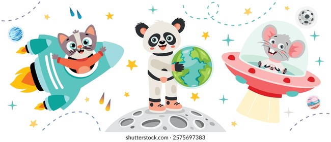 Cartoon Animal At Space Illustration