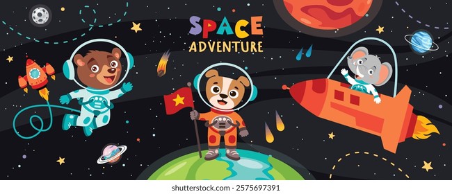 Cartoon Animal At Space Illustration