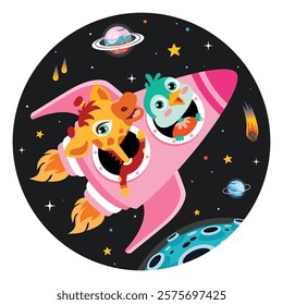 Cartoon Animal At Space Illustration