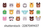 Cartoon animal square faces. Cute muzzles. Mobile applications icons. Happy bear and raccoon. Funny fauna characters. Dog pet. Elephant and penguin bird. Garish vector