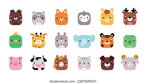 Cartoon animal square faces. Cute muzzles. Mobile applications icons. Happy bear and raccoon. Funny fauna characters. Dog pet. Elephant and penguin bird. Garish vector