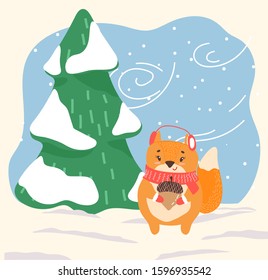 Cartoon animal stand on snowy ground in forest. Orange squirrel with acorn in paws dressed in earmuffs and scarf. Character walk among fir trees in winter wood. Vector illustration flat style