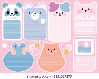 Cartoon animal tag, sticker note, memo, inspiration blank, personal organizer, to-do list, panda bear, cats, frog for kids