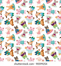 cartoon animal tea time seamless pattern