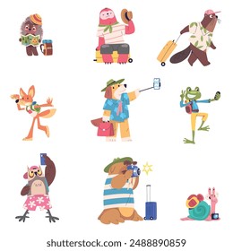 Cartoon animal tourists. Cute tourist child animal with suitcase phone camera map or bag, funny travel characters luggage in summer vacation, travelling classy vector illustration authors graphics