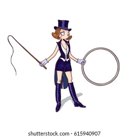 Cartoon Animal Trainer Circus Girl In Uniform Holding A Hoop. Vector Illustration. 