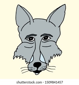 Cartoon animal vector freehand drawing of a muzzle of a gray wolf on a light background