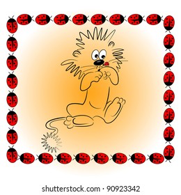 cartoon animal vector illustration.cute lion character with ladybird