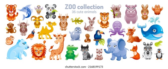 Cartoon Animal. Vector Kid Zoo. Cute Baby Set.  Jungle, Sea And Woodland Clipart Illustration. Safari Flat Icons. Zoo Characters. Cheetah, African Elephant, Forest Bear, Buffalo, Bird. Wild Game Icon