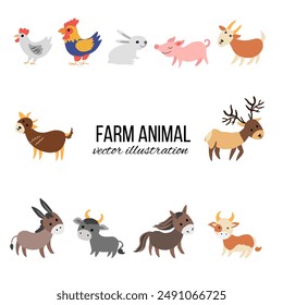 Cartoon animal vector set, domestic cute chicken, rooster, rabbit, pig, goat, deer, donkey, horse, cow standing isolated on white, Character design moo for greeting card, children invite, packaging