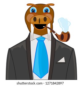 Cartoon animal walrus in fashionable suit with tie