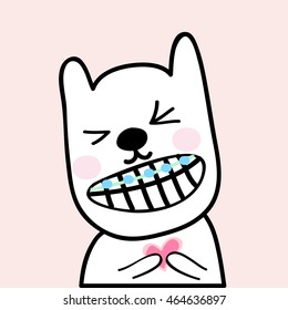 Cartoon animal wearing braces squinting and smiling while clutching a small heart.