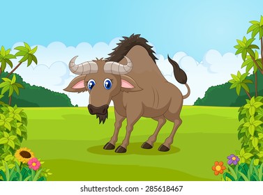 Cartoon animal wildebeest in the jungle