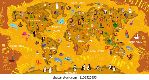 Cartoon animal world map. Animals from all over the world,oceans and continents.Great for kids design,educational game,magnet or poster design.Vector illustration - stock vector