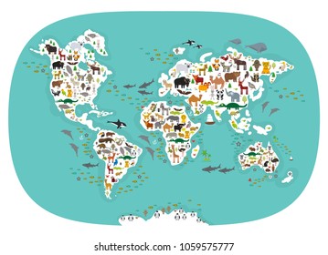 Cartoon animal world map for children and kids, Animals from all over the world, white continents and islands on blue background of ocean and sea. Vector