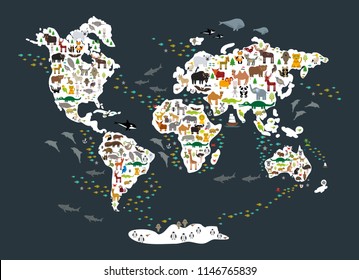 Mapa del mundo animal de dibujos animados para niños y niños, de vuelta a la escuela. Animales de todo el mundo, continentes blancos e islas sobre fondo gris oscuro del océano y el mar. Decoración escandinava. Vector