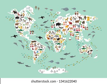 Cartoon animal world map for children and kids, back to schhool. Animals from all over the world white continents islands on blue mint background of ocean and sea. Scandinavian decor. Vector