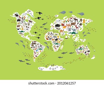 Cartoon animal world map for children kids, back to school. Animals from all over the world, white continents islands on green lime chartreuse background of ocean and sea. Scandinavian decor. Vector