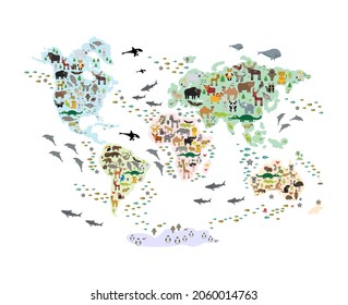 Cartoon animal world map for children kids, back to school. Animals from all over the world, colorful continents islands on white background of ocean and sea. Scandinavian decor. Vector