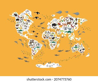 Cartoon animal world map for children kids, back to school. Animals from all over the world white continents islands on yellow orange amber background of ocean and sea. Scandinavian decor. Vector