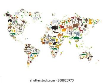 Cartoon animal world map for children and kids, Animals from all over the world on white background. Vector