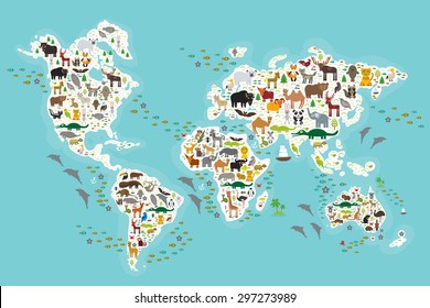 Cartoon Animal World Map For Children And Kids, Animals From All Over The World, White Continents And Islands On Blue Background Of Ocean And Sea. Vector Illustration