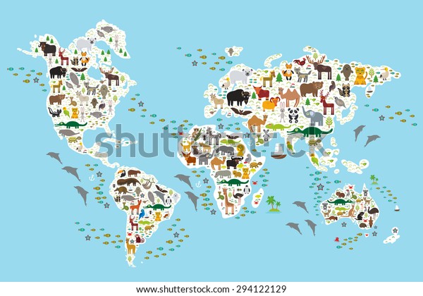 Cartoon animal world map for\
children and kids, Animals from all over the world, white\
continents and islands on blue background of ocean and sea. Vector\
illustration