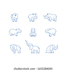 Cartoon animals of Africa. Set of animal characters - elephant, hippo, rhinoceros. 
