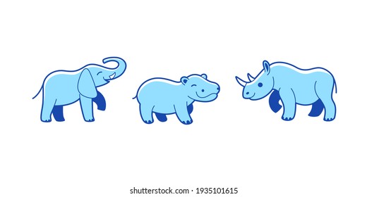 Cartoon animals of Africa. Set of animal characters - elephant, hippo, rhinoceros. 