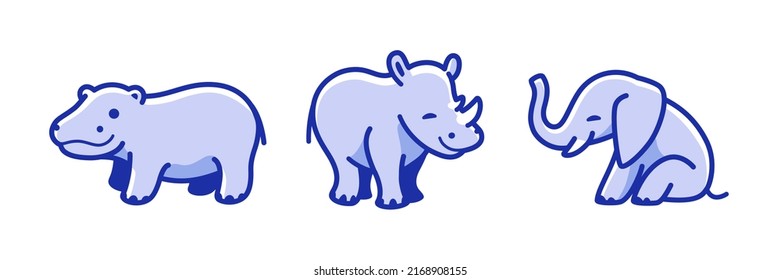 Cartoon animals of Africa. Set of animal characters - elephant, hippo, rhinoceros. 