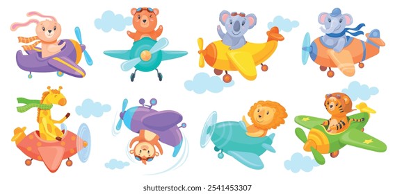 Cartoon animals in airplane. Cute baby animal pilot in propeller plane, fun little elephant koala bear flying aircraft air travel children characters set, neat vector illustration