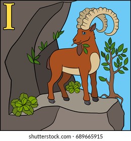 Cartoon animals alphabet. I is for Ibex.