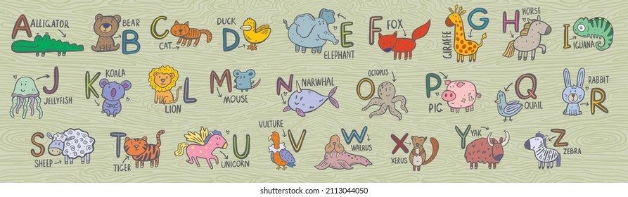 Cartoon animals alphabet for kids. Learn letters with funny animal, zoo ABC and english alphabet for kids. Alphabetically animals characters. Isolated icons illustration set