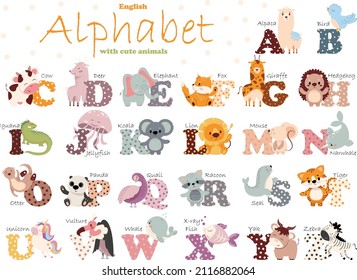 Cartoon Animals Alphabet For Kids. Learn Letters With Funny Animal, Zoo ABC And English Alphabet For Kids. Alphabetically Animals Characters. Isolated Vector Icons Illustration Set.