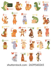 Cartoon animals alphabet for kids. Letters with cute animals in children's style. Flat vector illustration.