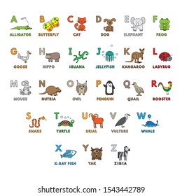 Cartoon animals alphabet. Vector set with letters and cute animals for children education