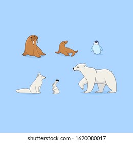 Cartoon animals of Arctic. Set of animal characters - walrus, seal, penguin, arctic fox, hare, bear.