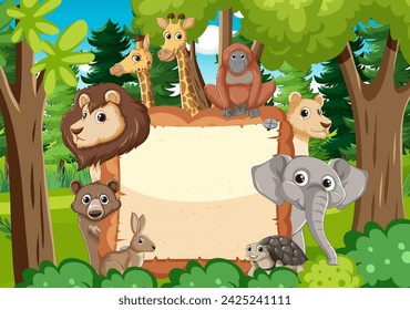 Cartoon animals around an empty banner in forest